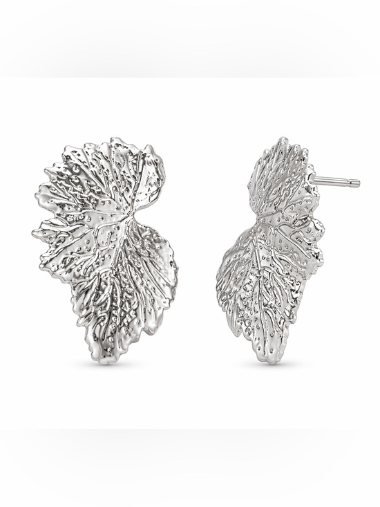 Sable & Red Jewelry - Silver Textured Leaf Statement Stud Earrings Botanical Vein Design